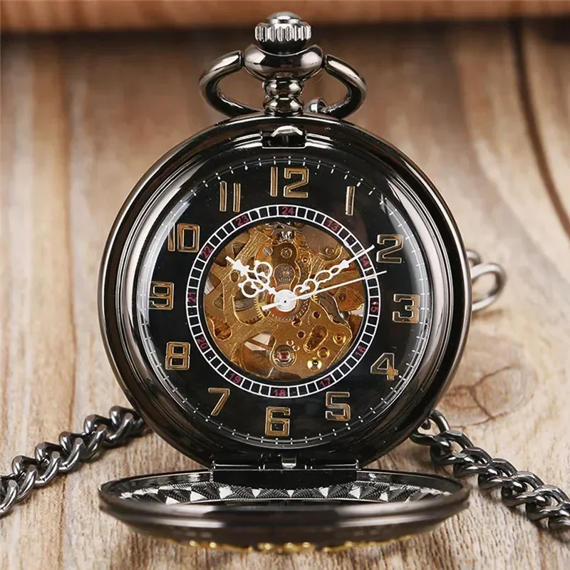Steampunk Black Pocket Watch Skeleton Automatic Mechanical Watches for Men Women Arabic Number Half Hunter Clock Pendant Chain