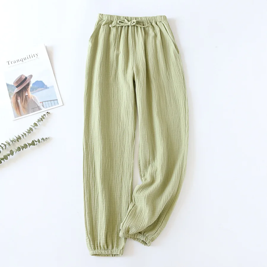 Japanese-style New Spring And Summer Women\'s Trousers 100% Cotton Crepe Cloth Large Size Color Tie Pants Casual Pants Home Pants