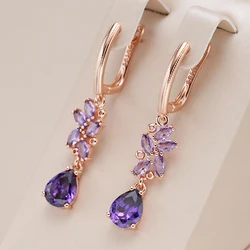 Kinel Hot Shiny Purple Natural Zircon Long Dangle Earrings for Women 585 Rose Gold Color Vintage Ethnic Bride Daily Fine Jewelry