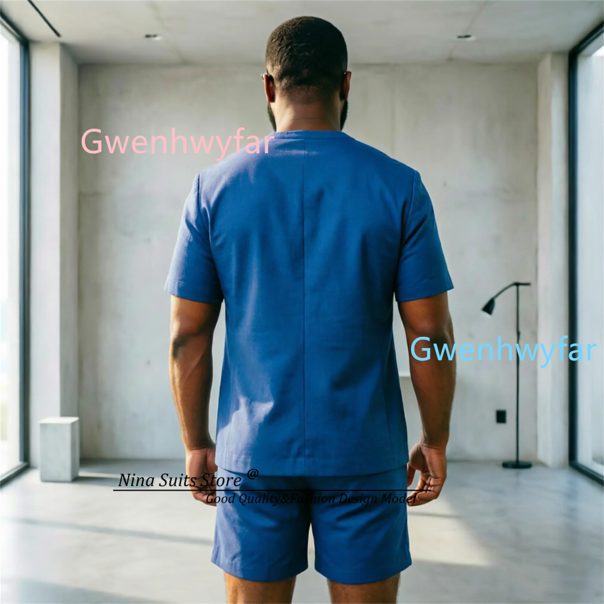 Gwenhwyfar Round Neck Short Sleeved Blzaer Shorts Set, Elegant Men's Summer Suit 2-Piece Set, Royal Blue Men's Party Costume