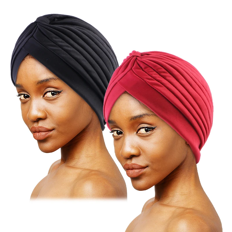 2pcs Knot Crinkle Turban Cap Black & Dark Blue Headwrap Elastic Head Scarf Lightweight Bonnet Chemo Cap