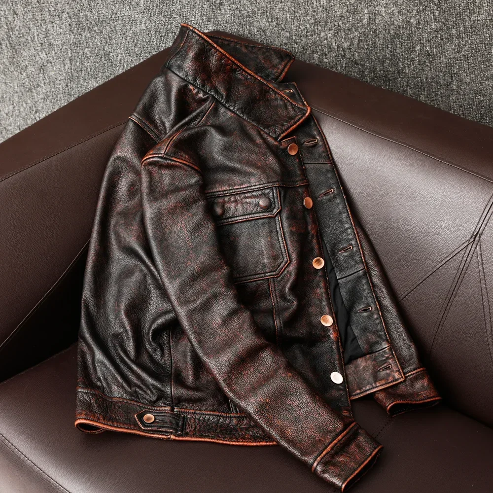 COPERSIAN Vintage Men Leather Jackets Cowhide Motorcycle Genuine Leather Motor Biker Clothing Distressed Leather Coat  Air Force