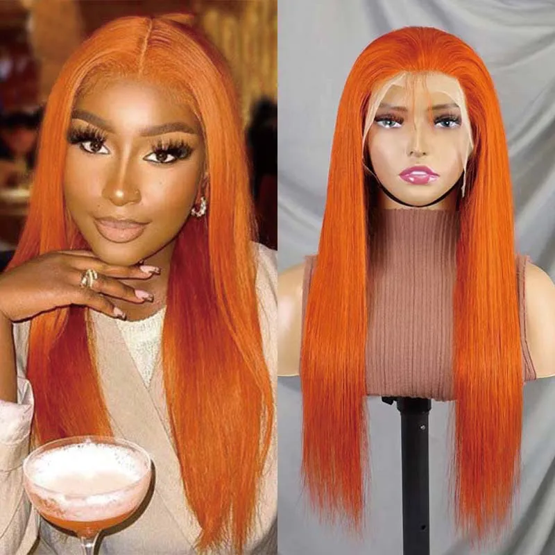 22Inch 350# Colored Ginger Orange Lace Front Wigs Human Hair 200% Density Straight 13x4  Pre plucked Lace Frontal Wigs for Women