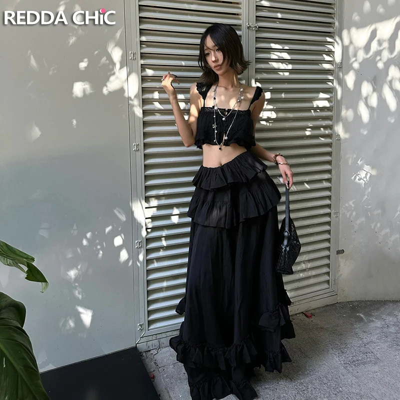

ReddaChic Black Top Skirt Women Matching Set Coquette Cropped Lace Top Ruffle Elastic Waist Maxi Skirt Romantic Beach Clothes