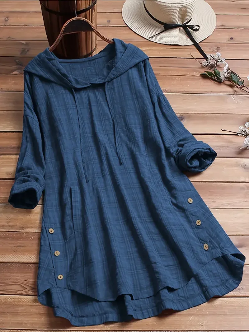 

Plus Size 1XL-5XL New Women's Casual Hooded Shirt Plaid Printed Long Sleeved Pullover Loose Fashion Elegant Shirt