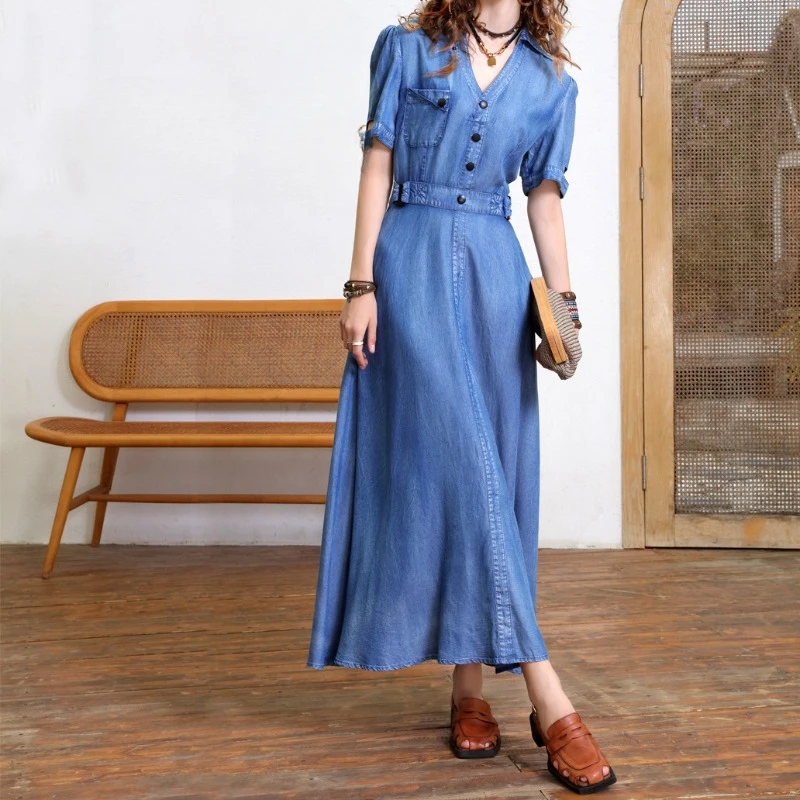 

Summer V-neck Dress Vintage Waisted Denim Long Dresses