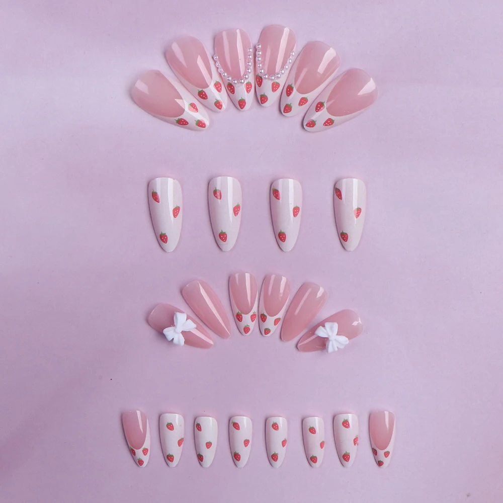 24pcs press on nails short almond bowknot fake press on nails white pearl summer nails sweet french tip press on nails cute nail