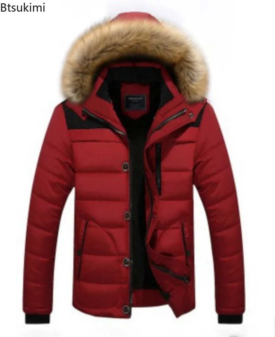 Solid Color Men's Parker Thicken Warm Coat Fashion Men's Fur Collar New Clothing Plus Size Waterproof Hooded Winter Parker Coat