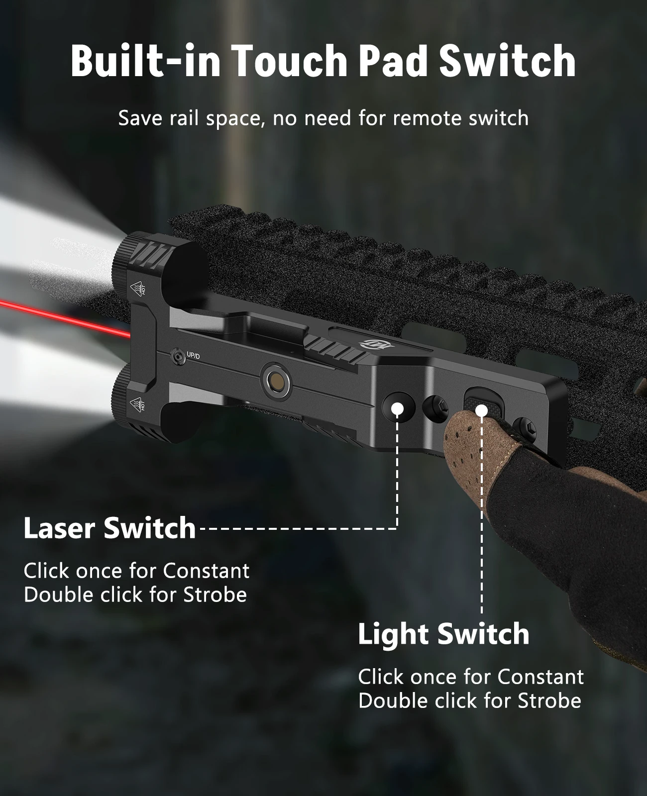 EZshoot 1600 Lumen Rifle Flashlight Dual LED Light Red/Green Laser Combo Low Profile Rechargeable Strobe for M-Rail Hunting - view 3