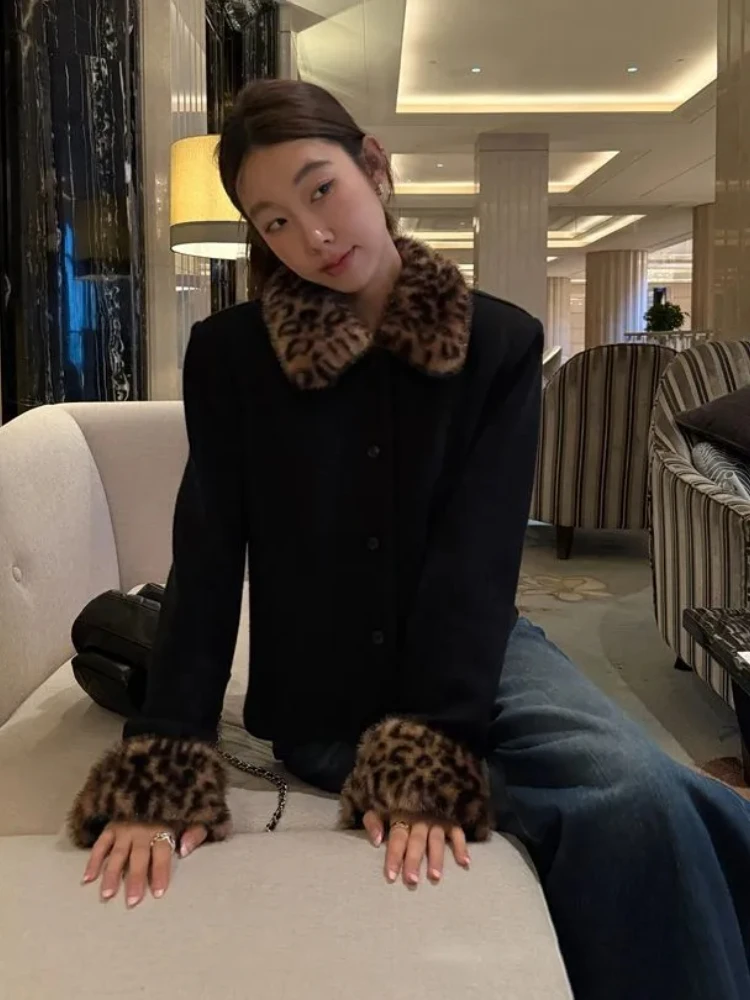 

Vintage Y2K black leopard fur patchwork jacket spring and autumn thin coat women's clothing 2025 new slim single-breasted top
