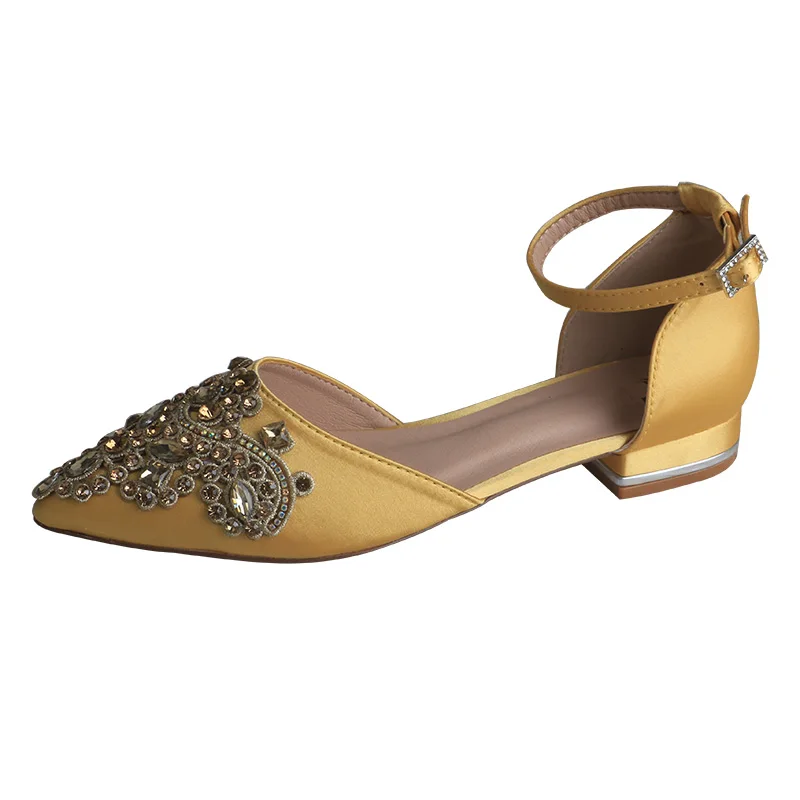 Venus lure Pointed Toe Women Flats for Wedding Low Square Heel Bridesmaid Shoes Diamond Brooch