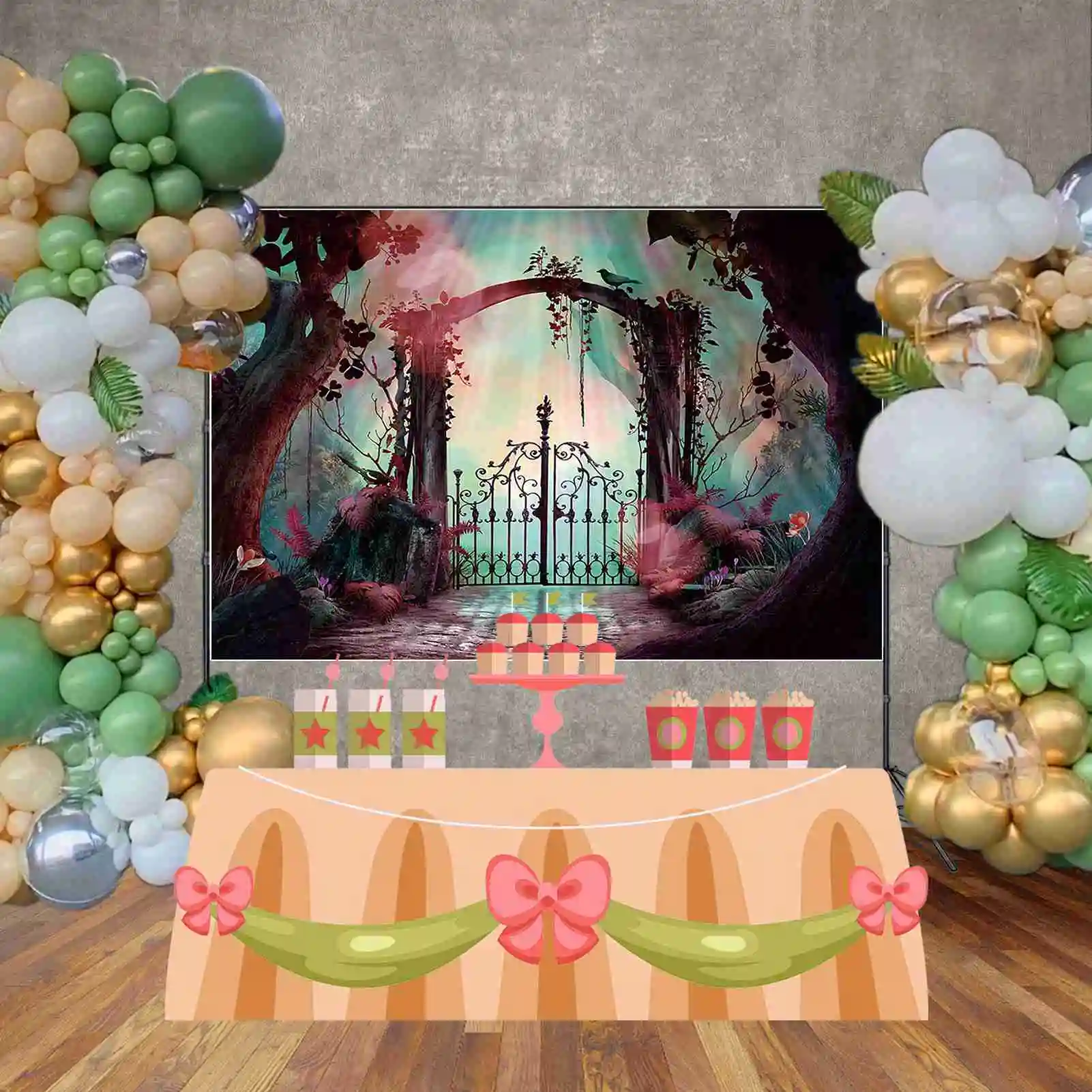 MOON.QG Alicja w krainie czarów dziewczyna urodziny tło imprezowe bajkowy las zamek motylkowy tło spersonalizowane rekwizyty fotograficzne