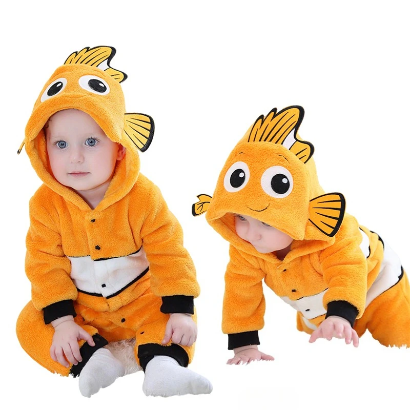 Nemo Costume Baby Romper Pajamas Infant Baby Girl Clothes Cartoon Fish Cosplay Onesie Outfit Winter Boy Girl Hooded Jumpsuit