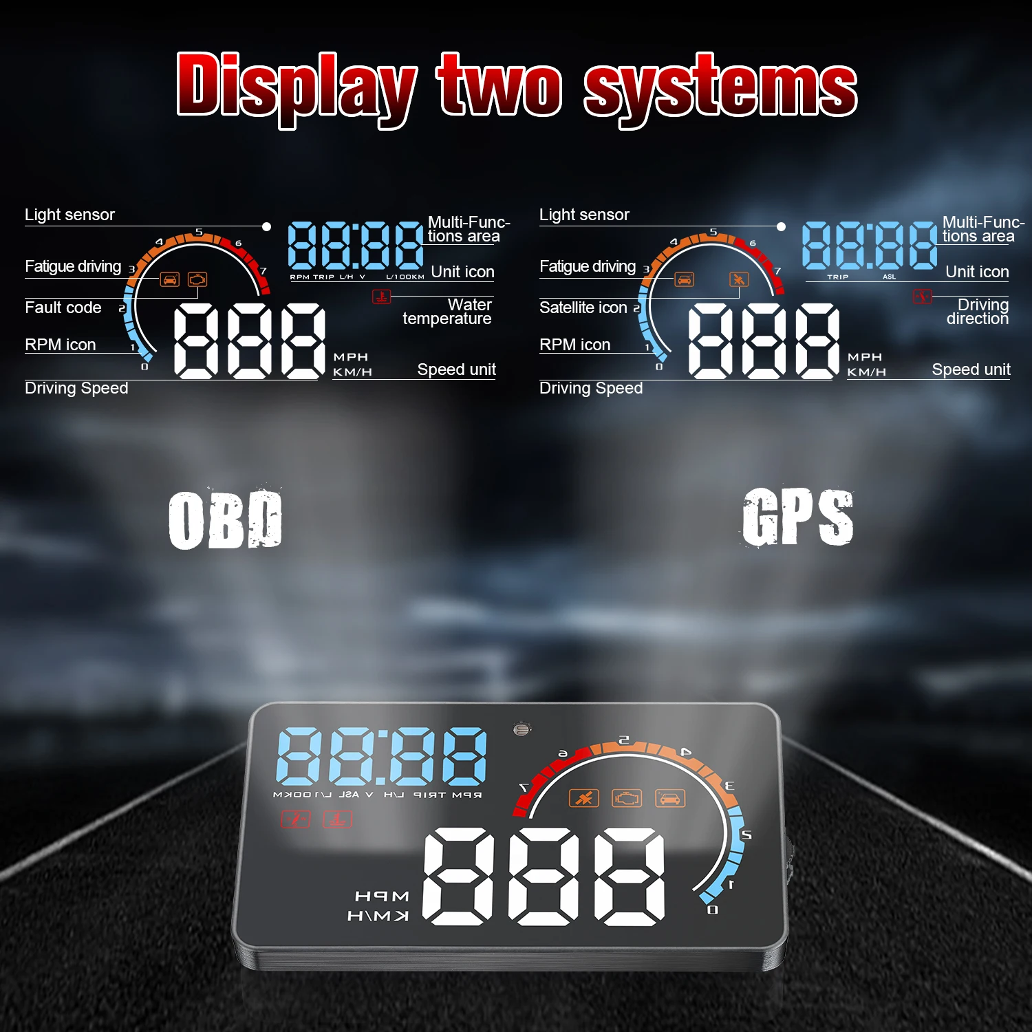 HD OBD2 Guage With GPS System HUD Auto Projector Head Up Display Car OBD2 Display Digital Speedometer Overspeed Tacho Volt Alarm