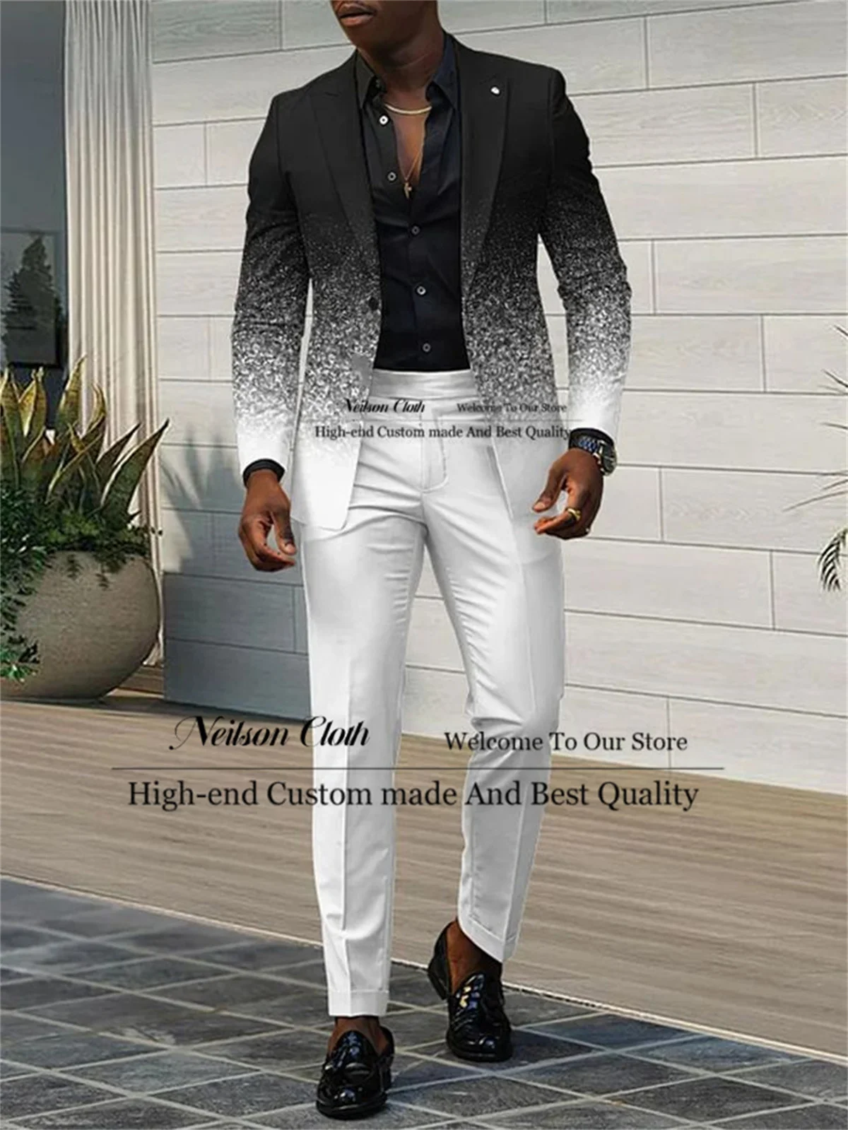 

White And Black Mixed Male Prom Blazers Slim Fit Peaked Lapel Groom Wedding Tuxedos 2 Piece Sets Customized Terno Masculino