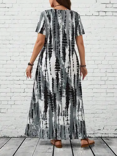 Imagen 2 del producto Falda larga con estampado tie dye para mujer, vestido informal de talla grande, cuello redondo, Verano