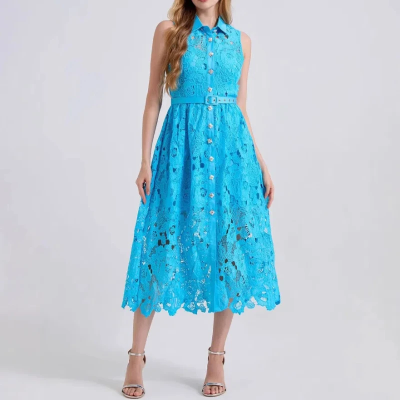 Vestidos sin mangas de encaje de ganchillo para mujer, moda de verano, sin mangas, cuello de camisa, diamantes, cinturón de un solo pecho, Vestidos por debajo de la rodilla elegantes para fiesta