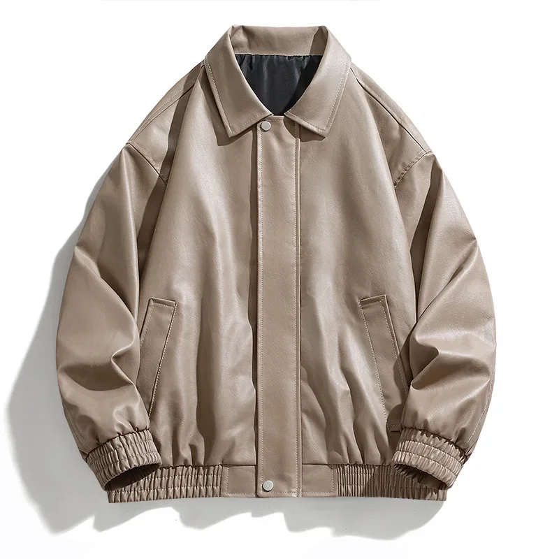 

Man Jacket Autumn High Street Motorcycle Punk Loose Male Leather Coat Solid Turn Down Collar Long Sleeve Men Outerwear