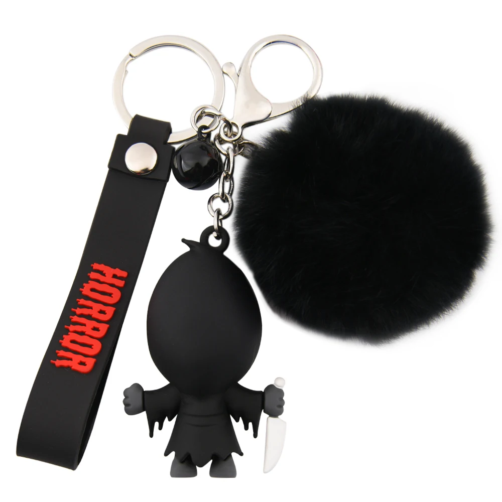 1pcs Creepy-Cute Horror Ghost Keychains With Black Fur Ball & Gothic Charm - Spooky Kawaii Keyring For Halloween Accessories - view 2