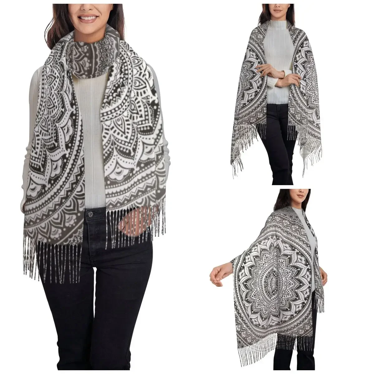 Boho Mandala Pattern Scarf for Womens Winter Fall Pashmina Shawl Wrap Bohemian Large Scarves with Tassel Ladies