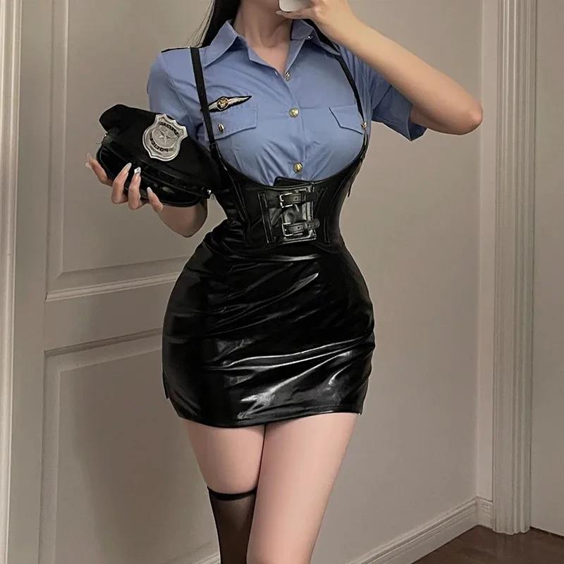 Blu Donne Sexy Uniforme Della Polizia Per Adulti Clubwear Carnevale di Halloween Gioco Del Partito Costumi Cosplay T-shirt + Mini Gonne Set di Lingerie
