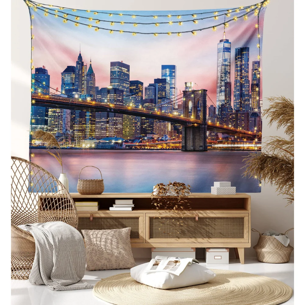 New York Tapestry Modern Night City Scenery Wall Hanging Skyscrapers Buildings Tapestries Bedroom Living Room Decor Wall Blanket