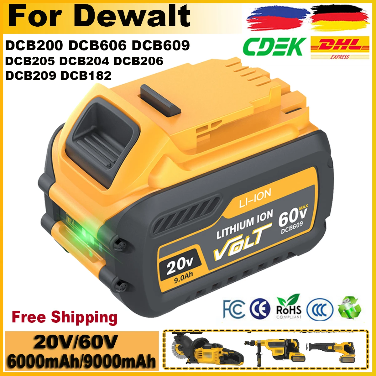 DCB200 For Dewalt Battery 60V 9000mAh MAX Battery DCB606 DCB609 DCB205 DCB206 DCB209 DCB182 9.0Ah/6.0Ah Power Tool Battery