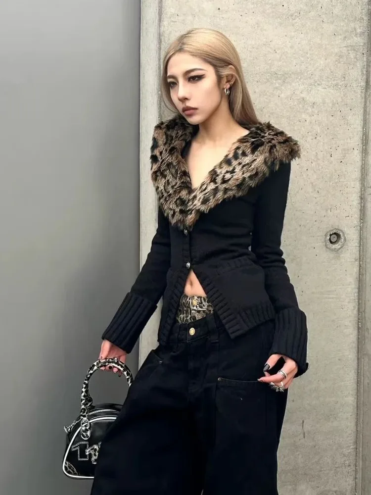 Detachable Leopard Print Fur Collar Tops Mujer Autumn Winter New Slim Fit Sweaters Black Long Sleeve Cardigan Women