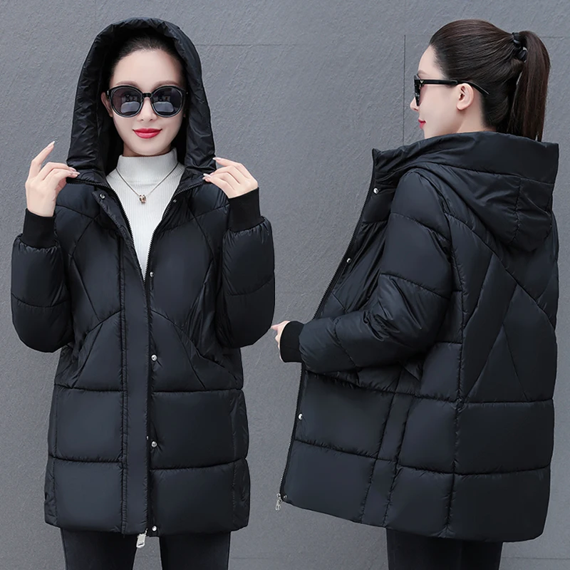 New Women\'S Fashion Casual Mid To Long Hooded Cotton Jacket Korean Version Autumn And Winter Thick Warm Versatile Coat Female