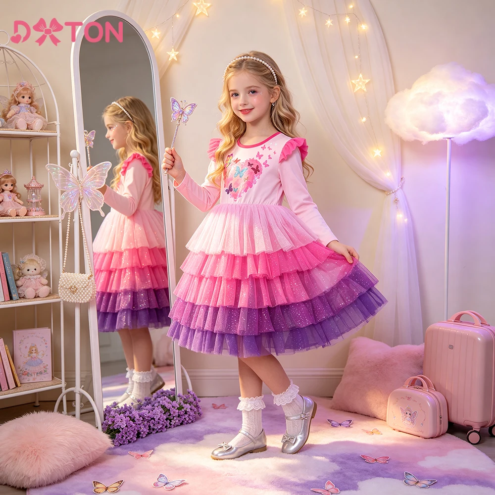 DXTON Toddler Cotton Dresses For Girls Layer Cake Mesh Princess Girls Dress Heart Design Butterfly Kids Birthday Party Clothing