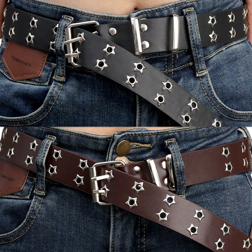 

110cm Waist Belt Y2K Punk Rivet PU Leather Belts Women Men Star Waist Strap Double Row Hollow for Jeans Pants Skirt Decoration