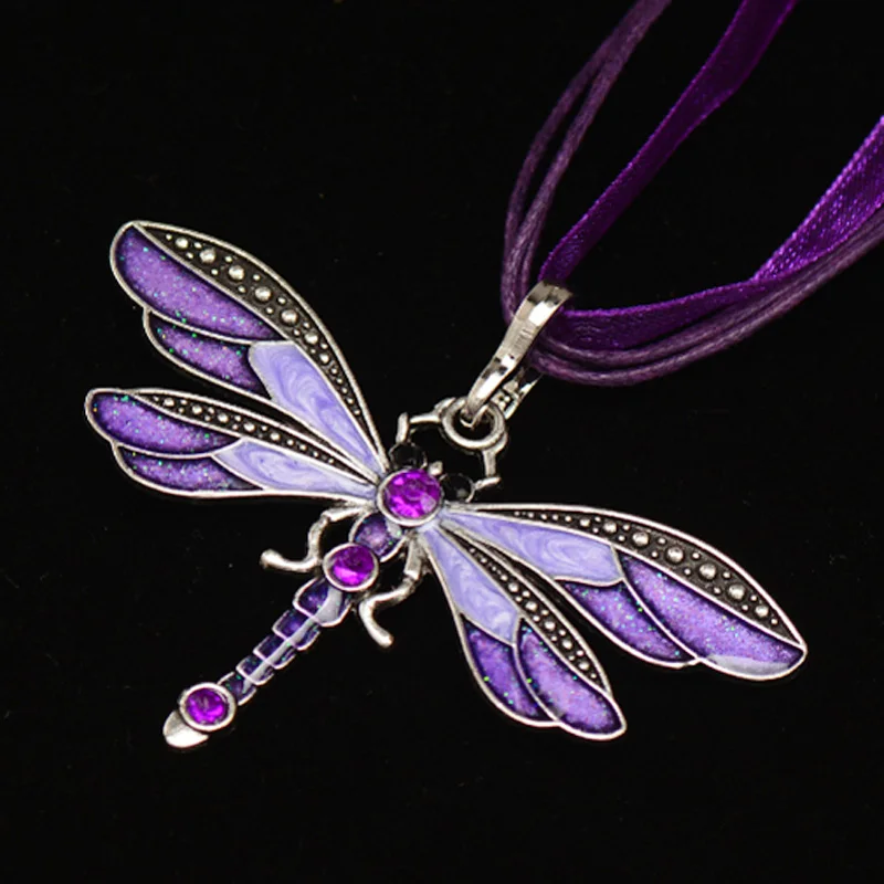 Vintage Enamel Dragonfly Pendant Necklace For Women Choker With Rhinestone Ribbon Wax Rope Chain Necklace Jewelry Gift