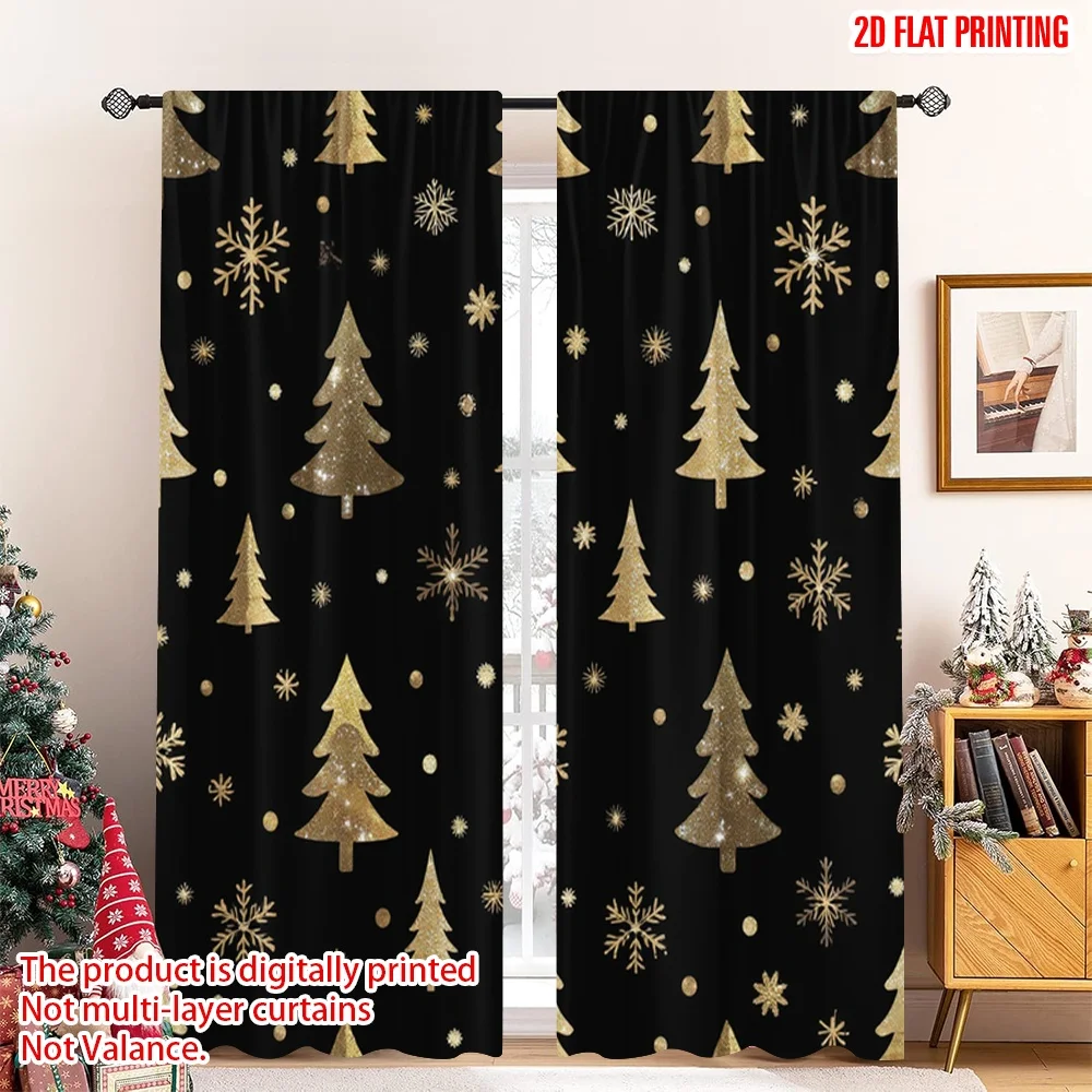 2 قطعة 2D الطباعة المسطحة ستائر الحفلات الذهب أشجار عيد الميلاد الثلج الرقمية المطبوعة البوليستر الستائر الأسرة الطرف استخدام ل #1