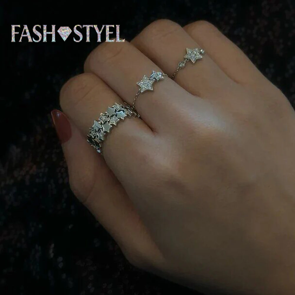 Neue Geometrie-Stern-Fingerringe mit Bling-CZ-Zirkonia-Besatz, offene, verstellbare Kettenringe für Damen, Modeschmuck Großhandel.
