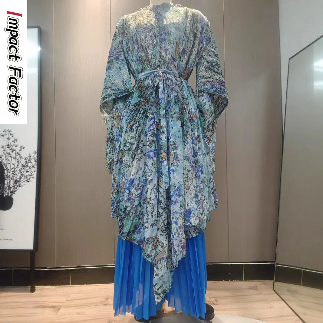 Miyake Fashion Temperament Dwuczęściowy zestaw, luksusowa luźna odzież damska z nadrukiem, zestaw z szerokimi spodniami z wysokim stanem