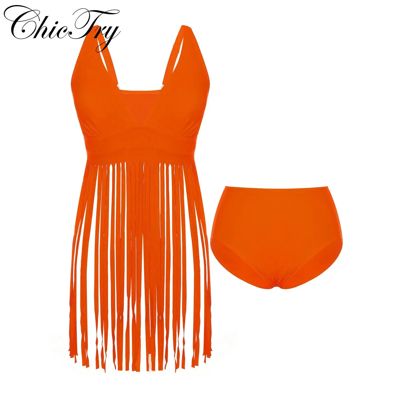 

Women 2 Pieces Swimsuit Fringe Hem Swim Tops with High Waist Bikini Bottoms Tummy Control Beachwear Swim Bathing Suits Swimwear
