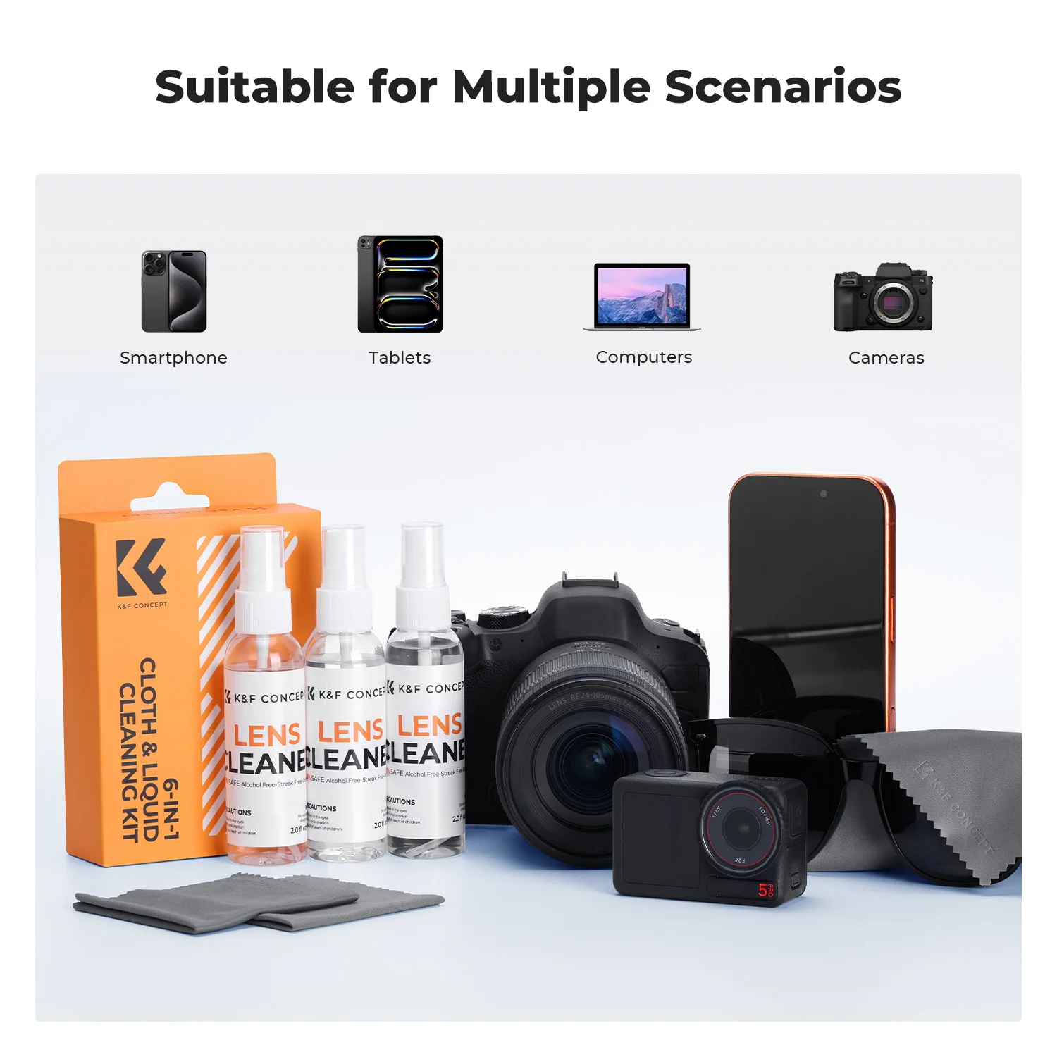 Zestawy do czyszczenia obiektywów aparatów fotograficznych K&F CONCEPT z 3*ściereczkami z mikrofibry + 3*60ML płynu do czyszczenia okularów, ekranów laptopów i telefonów — zdjęcie produktu 3