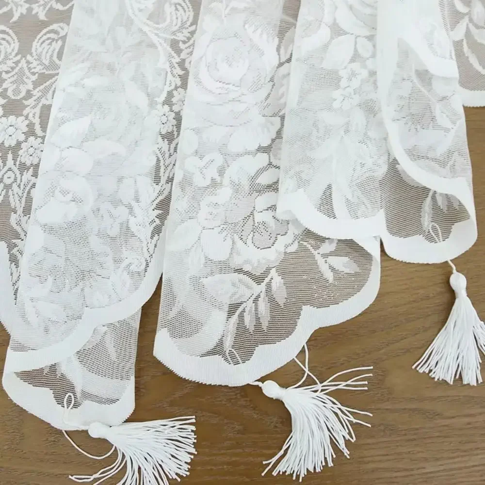 Fashion White Lace Short Curtain Tassel Small Fresh Tulle Window Half Curtains Cabinet Drapes for Home Deco