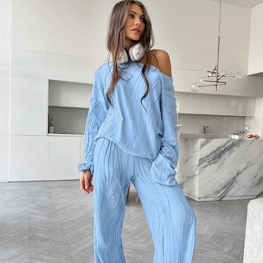 

Women's Pajama Sets New Loose Casual Striped Knitted Pajamas Long-sleeved Long Pants Loungewear Clothes for Women