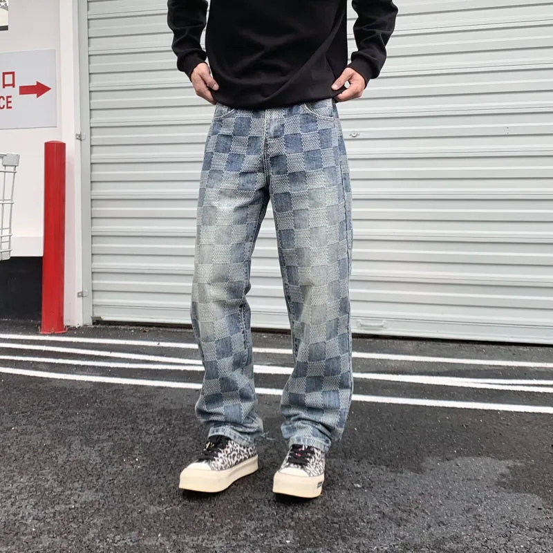 

New printed personalized casual pants checkerboard embroidered blue loose straight leg trendy brand jeans for men