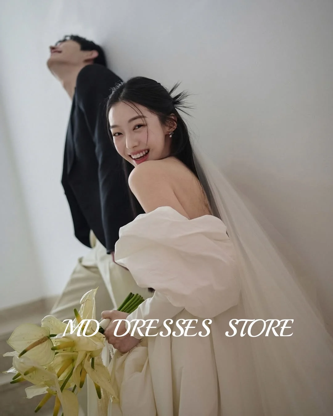 MD 2025 Lvory A-line vestidos de novia kurs plissé fuera del hombro Corea sesión de fotos mangas completas hasta el suelo vestido de novia personalizado