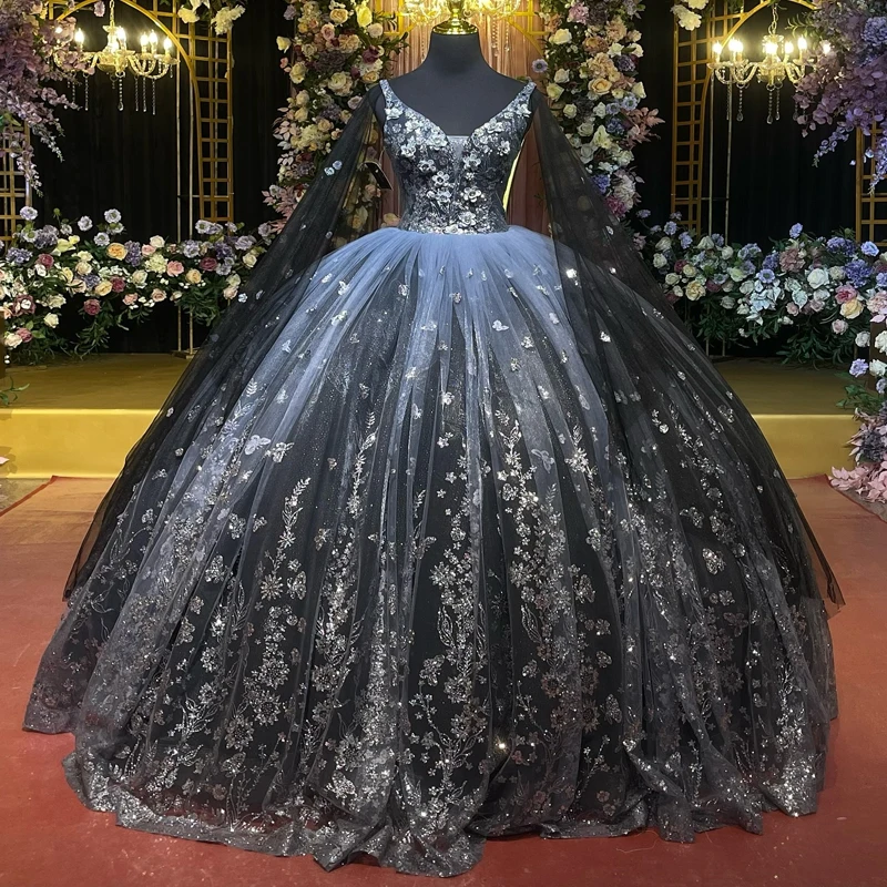 

Black Shiny Princess Quinceanera Dresses Off the Shoulder Ball Gown 2024 Sweet 16 Dress Beads Appliques Lace Tull 15th Party Gow