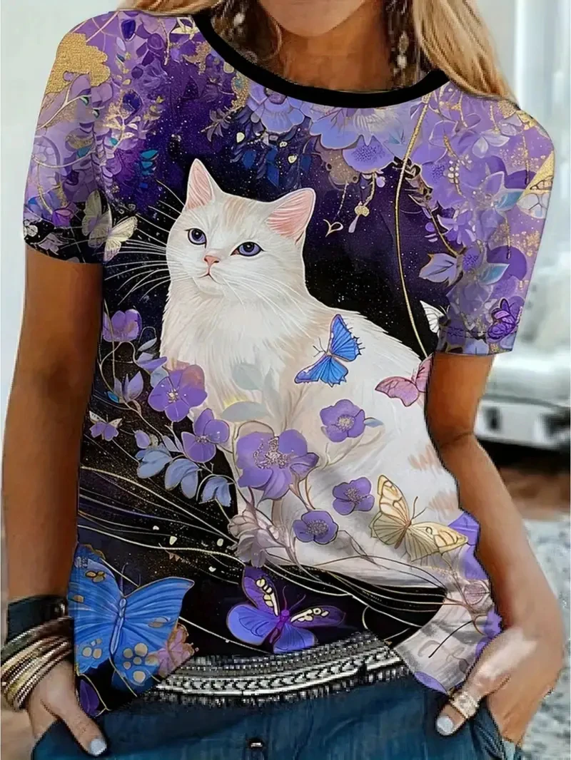 T-shirt girocollo da donna T-shirt estiva moda casual top a maniche corte stampa gatto 3D modello animale Abbigliamento donna di grandi dimensioni