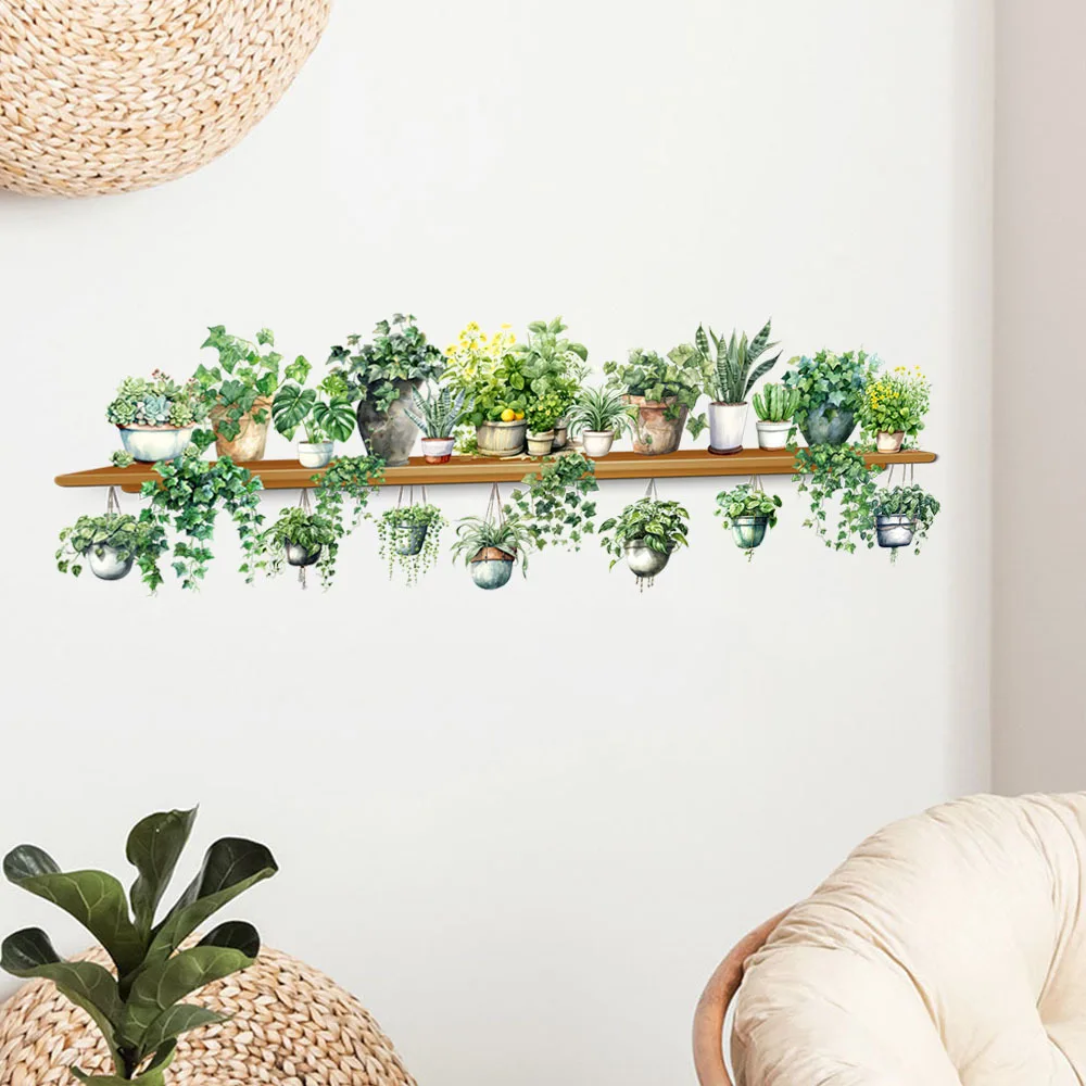 Greenery Shelf Wall Decals, Large Hanging Plant Stickers for Living Room Bedroom Kitchen, Removable Botanical Wall Art Decor