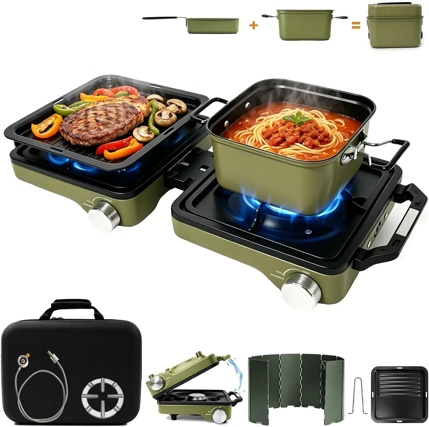 2-Burner Propane Camping Stove with Cooking Set, 24,000 BTU Outdoor Cooktop, Green