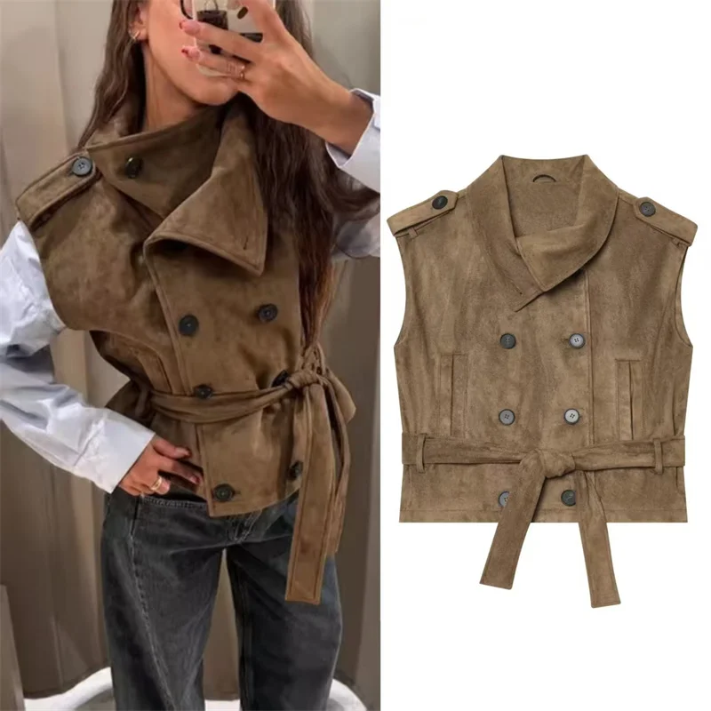 Guobioziy 2026 Women's Vest Fall/Winter New Camel Sleeveless Suede Texture Stand Collar Belted Vest Outerwear Top Trendy Stylish