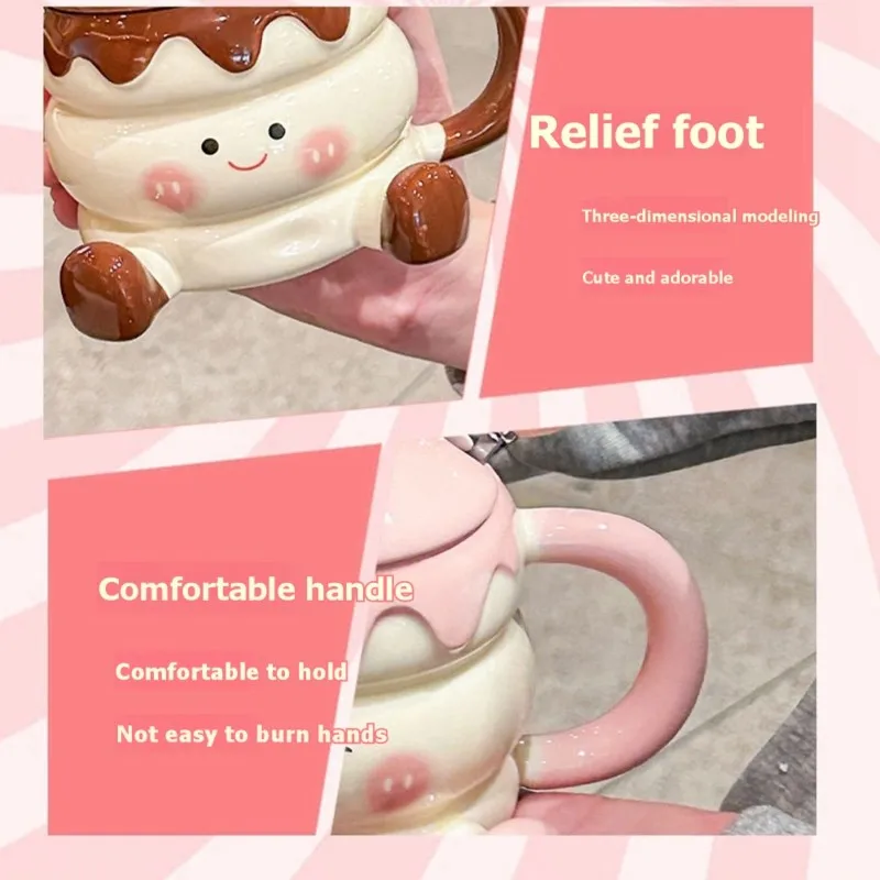 

ABGR-Кружка из фарфора с милым мультяшным дизайном, с крышкой и ложкой, пригодными для использования в микроволновой печи, устойчивая к высоким температурам.