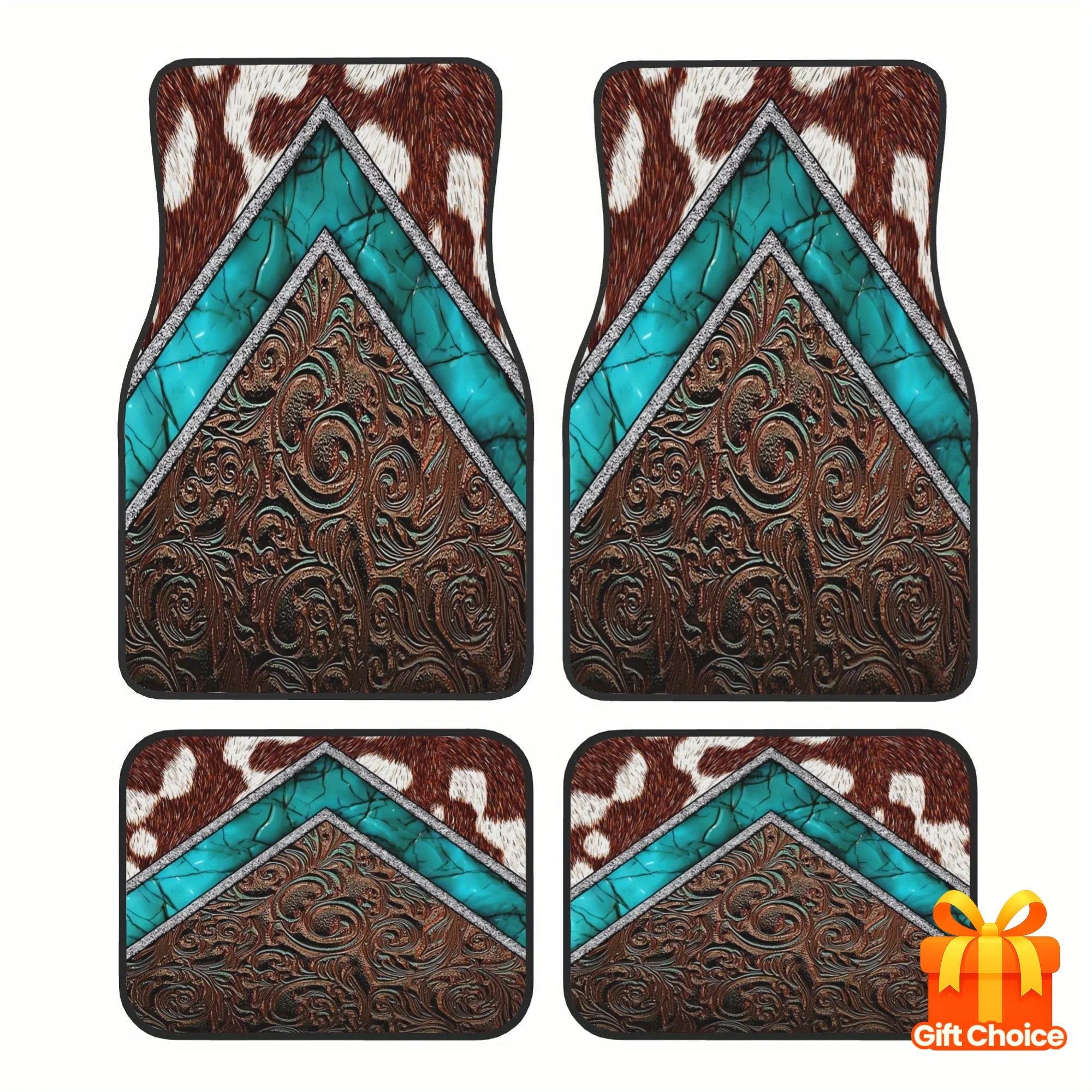 

4pcs Western Cowboy Pattern Cowhide Turquoise And Tool Car Mats For Cars, Ideal Gift, Durable Mats, Car Floor Mats, Persian Car