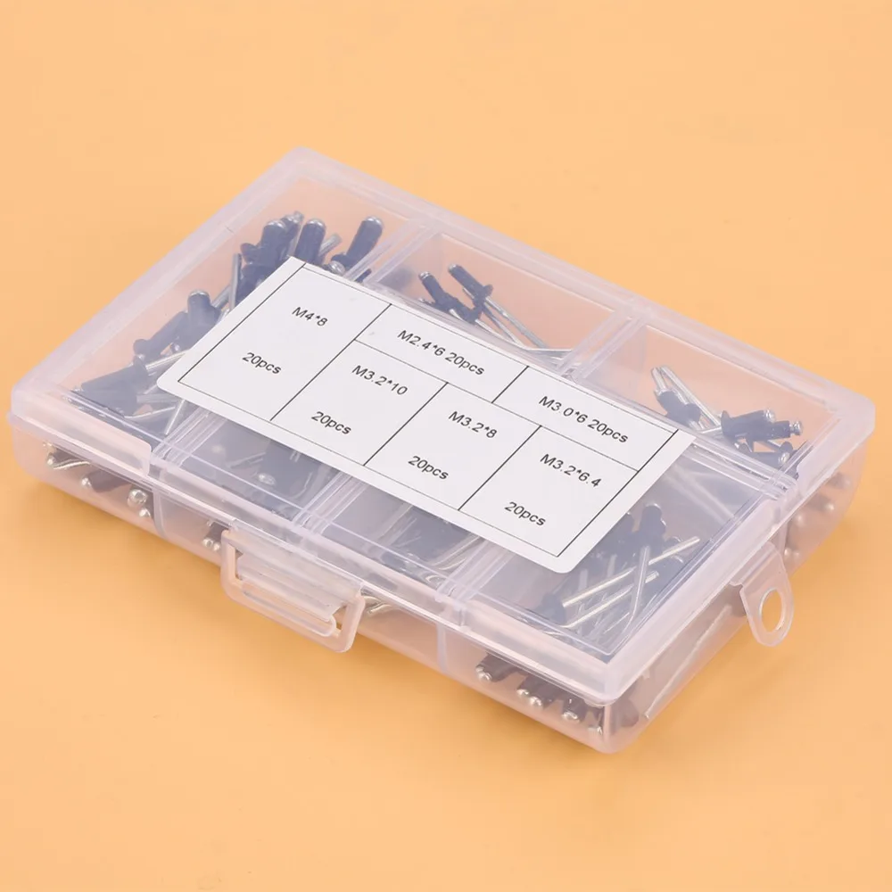 120pcs Black​ Rivets Assortment Kit​ Aluminum Alloy 6 Sizes Blind Rivets Set​ Bulb Style​ Dome Head Aluminum Rivets Kit​