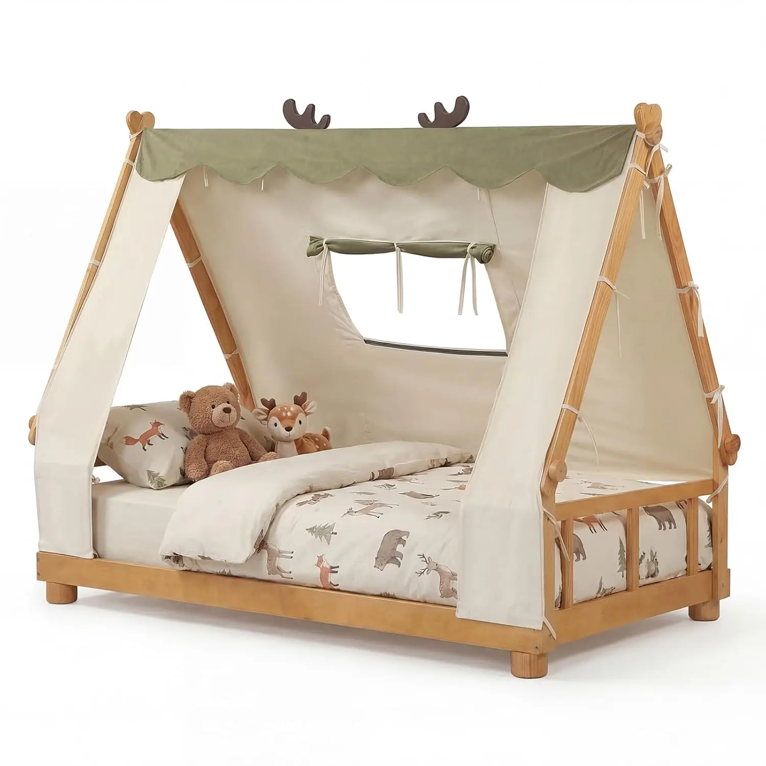 

Twin Bed Frames for Kids, Wooden House Antlers-Shaped Floor Bed w/Tent, Window, Fence Guard Rails, & Wooden Slat, Customized